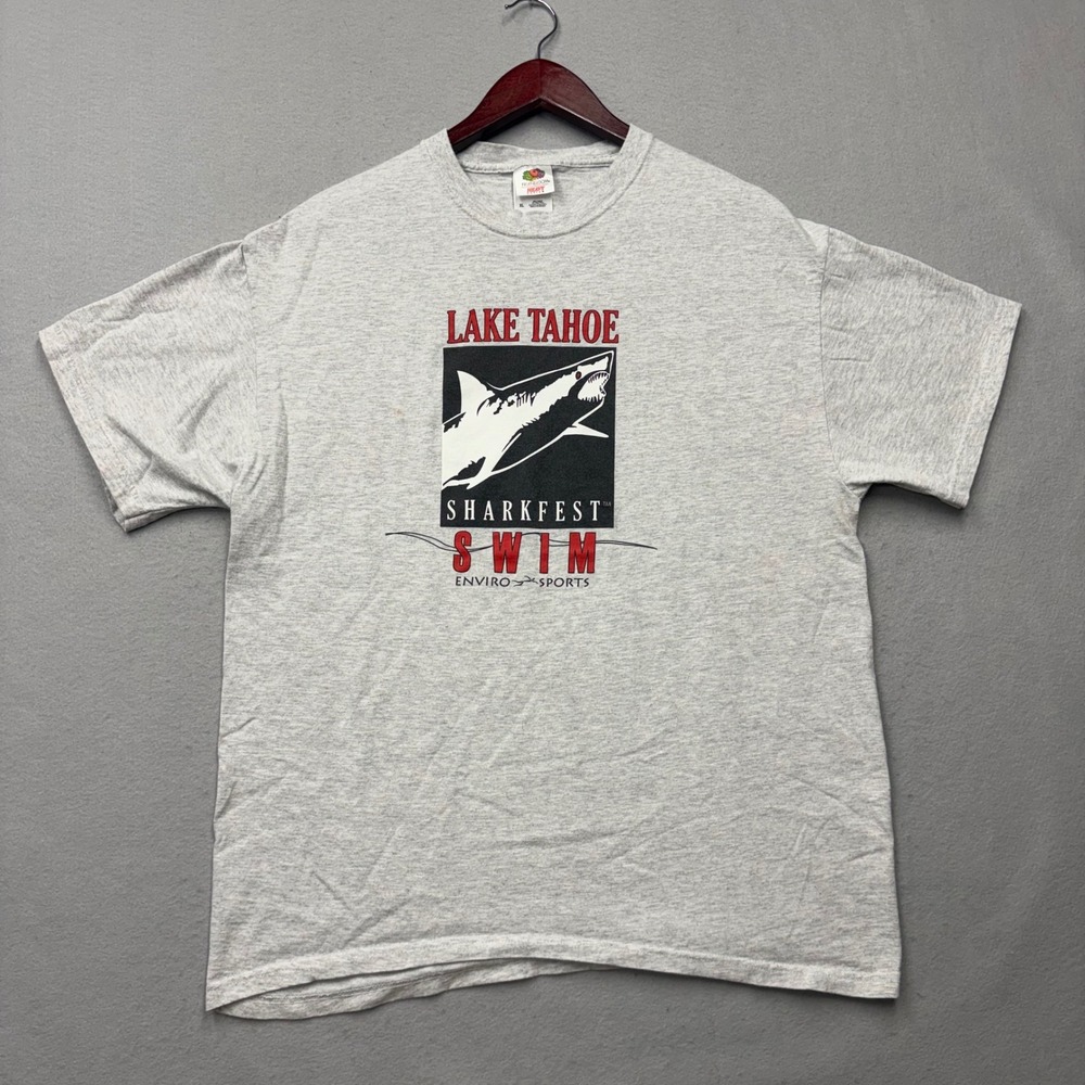 Fruit of the Loom T-Shirt Mens XL Grey Lake Tahoe Sharkfest Swim Vintage 90s Tee